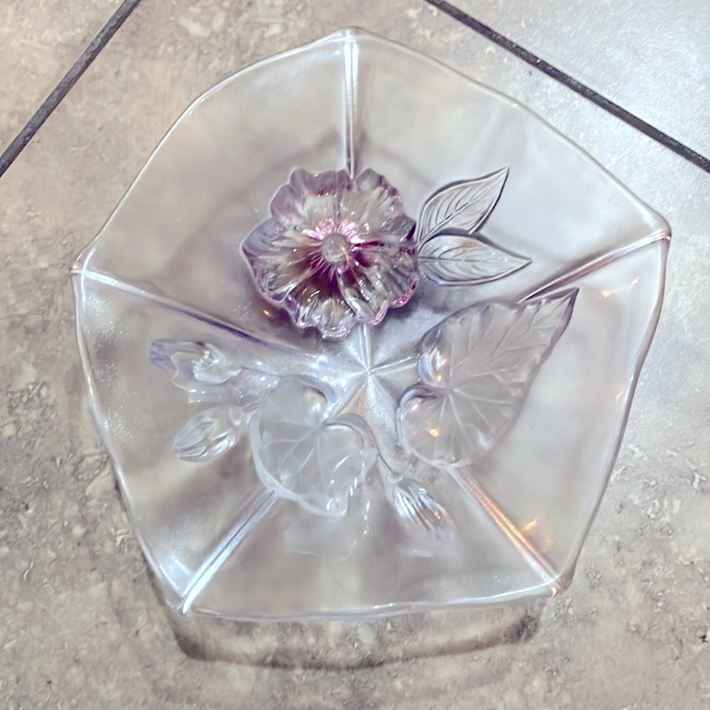 Vintage Mikasa Crystal Galypso Nut/Candy Bowl Purple/Pink Raised Floral Design